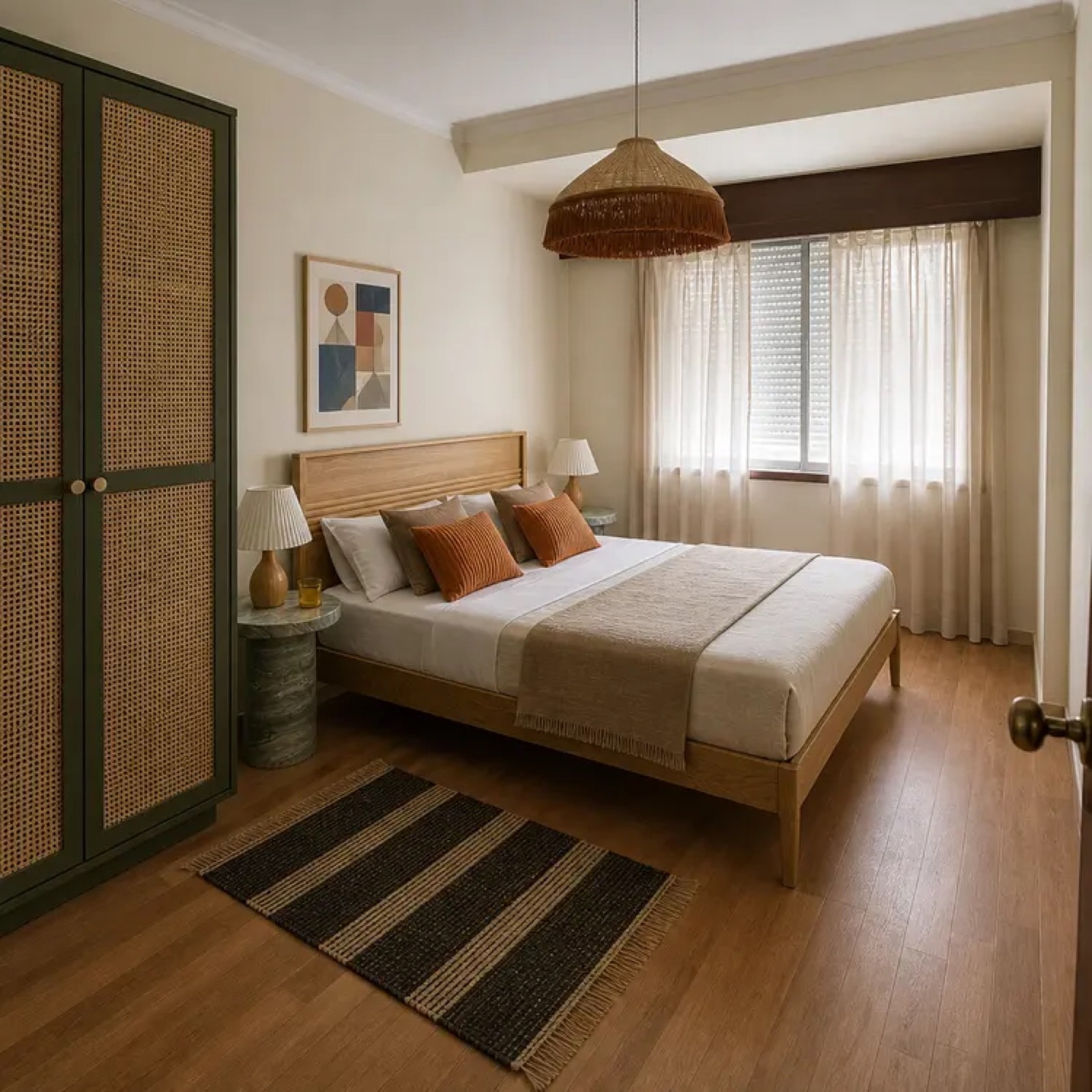 Same bedroom restyled by MoveIn, with wood and rattan